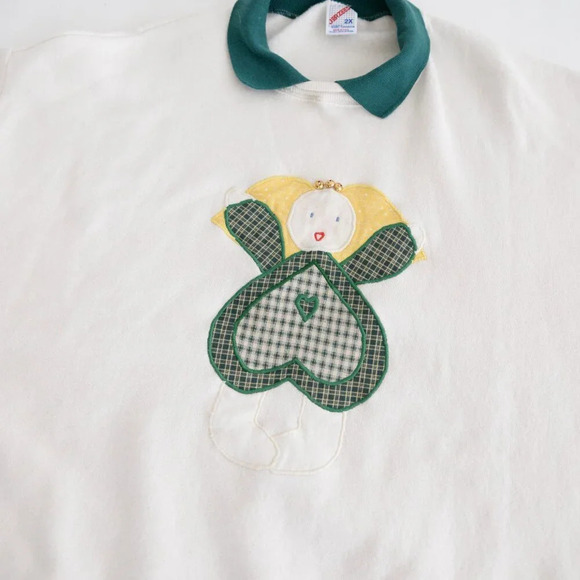 Vintage Jerzees Cream Angel Embroidered Green Collared  Crewneck Sweater 2X - Picture 7 of 11